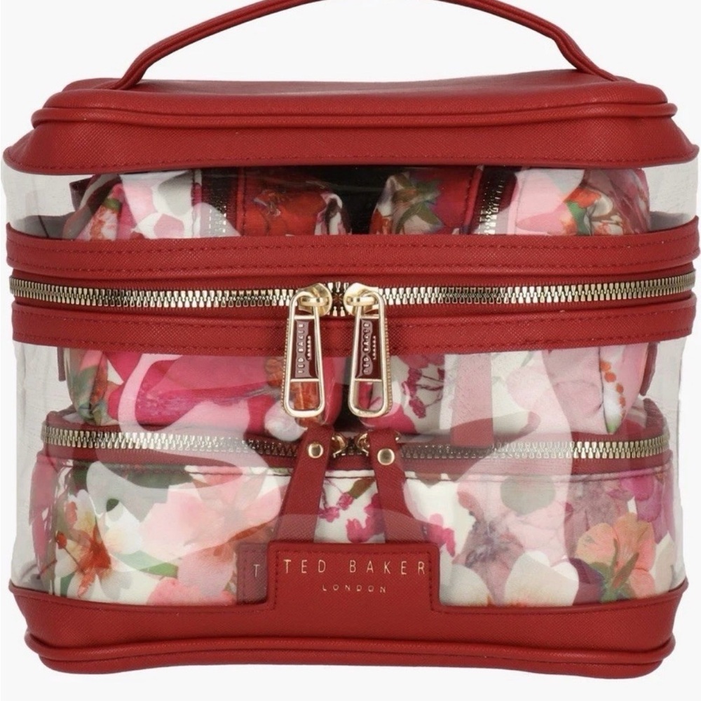 Ted Baker Cosmetic Bag Train Case Set 4 Piece Red Pressed Flowers